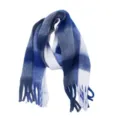 Detail view of the blue and white plaid tassel scarf, showcasing the thick texture and soft fringed edge design. - Royal Blue/White