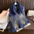 Navy blue silk blend scarf with pearl rhinestone clover design, elegant shawl wrap. - 190*70 / Navy Blue