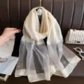 Elegant beige silk blend scarf featuring delicate pearl beaded floral designs, ideal for autumn styling. - 190*70 / Off White