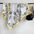 90cm square silk scarf with fresh floral print and yellow border, elegant women shawl variant. - RY-10