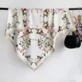 Elegant women's large square silk scarf with vintage red rose floral print and beige border. - RY-11
