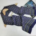 Retro geometric print silk men's long scarf luxury suit ribbon business gift accessory. - Navy Blue Geometric Square Pattern