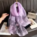 Handcrafted silk embroidered scarf elegant purple floral long wrap shawl for autumn - Purple
