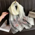 Silk embroidered scarf elegant floral shawl autumn winter women fashion accessory soft lightweight - White
