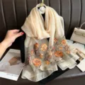 Luxury silk embroidered scarf for women, elegant floral design winter warm shawl accessory. - Khaki