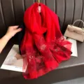 Elegant red silk embroidered scarf for women, luxury floral shawl wrap for autumn and winter. - Red