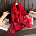 Handmade red silk scarf with delicate floral embroidery, elegant shawl for women autumn. - Burgundy