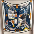 Close-up of luxury silk twill scarf featuring intricate artistic narrative and vibrant colors. - Urban Journey RY-10