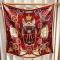 Luxury silk square scarf with classic equestrian carriage chain print elegant accessory for women - Red and Gold Horse Scenery RY-15