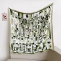 French vintage green geometric print square scarf, lightweight cotton linen shawl for women - Green Corner Fragrance RY-12