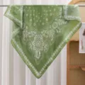 Elegant green satin square scarf with classic white paisley floral pattern for women. - RY-10