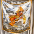 Luxury 100% silk twill square scarf featuring surreal architectural cosmic art with orange border. - Orange Dream Paradise RY-14