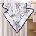 Floral Eiffel Tower print square scarf, lightweight satin silk neckerchief for women. - Blue Rose & Eiffel Tower RY-14