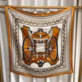 Silk square scarf featuring classic equestrian carriage and chain print, elegant 90cm orange accessory. - Coffee and White Horse Scenery RY-12
