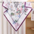 Elegant floral print square scarf with Eiffel Tower design, chic satin neckerchief for women. - Purple Rose & Eiffel Tower RY-16