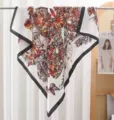 Floral butterfly print satin square scarf, 90cm lightweight silk-feel fashion neckerchief. - White and Red Butterfly Flower RY-25