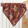 Elegant red floral square scarf for women, lightweight vintage silk feel neckerchief wrap. - Golden Flowers on Red RY-27