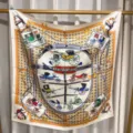 Silk scarf with elegant equestrian carriage and chain print, premium twill square shawl for women. - Carriage Illustration RY-17