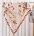 Women's floral print silk satin square scarf spring summer elegant lightweight neckerchief - Brown Flowers on Beige RY-30