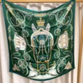 Green silk square scarf with luxury equestrian carriage design, elegant twill shawl for women. - Green and Gold Horse Scenery RY-16