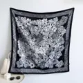 Vintage black and white floral print square scarf for women, stylish sun protection wrap. - Embroidered Begonia on Ink Ground RY-24