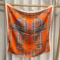 Luxury orange silk square scarf with elegant equestrian chain plaid pattern and soft feel. - Orange Checkered Horse RY-21
