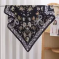 Black floral lace bow square satin scarf, elegant womens fashion accessory 90cm - Brown Flowers on Black Base RY-34