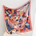French vintage style square scarf with vibrant botanical print and red border for women. - Vermilion Border Forest Dwell RY-29