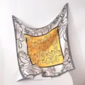 French vintage style square scarf for women, elegant black white and yellow floral print. - Gilded Framed Begonia RY-25