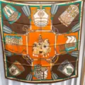 Luxury silk square scarf with elegant equestrian horse and carriage print for women. - Warm Tone Palace Style RY-36