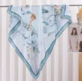 Light blue satin square scarf with elegant floral vine print, soft versatile fashion shawl. - Yellow Flowers on Blue Base RY-31
