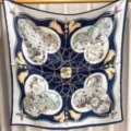 Navy blue silk square scarf with elegant chain and floral pattern, versatile luxury style shawl. - Navy Blue Fantasy Dream RY-30