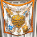 Luxury silk square scarf with classic equestrian chain print, elegant 90cm women shawl. - Orange and White Contrast RY-33