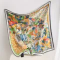 French vintage botanical square scarf, colorful retro leaf print, elegant fabric accessory. - Forest Birds RY-27