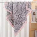 Grey paisley print square satin scarf with pink border for women summer daily wear. - RY-37