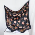 French retro black square silk scarf featuring elegant ballerina dancers and musical instruments. - Black Background Dance Dress RY-31
