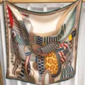 Equestrian chain silk twill square scarf luxury fashion scarf versatile shawl wrap - Beige Brown Saddle RY-41