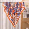 Women orange floral print square scarf, lightweight silk feel fashion neckerchief 90x90cm. - Orange Charm Floral Shadow RY-57