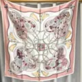 Silk square scarf with elegant chain tassel floral print, pink and white design. - Pink Blossom Charm RY-29
