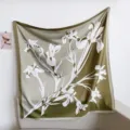Vintage Olive Green Floral Square Scarf Elegant Women Lightweight Neck Scarf Spring Summer - Moss White Iris RY-04