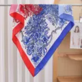 Spring summer women printed square scarf, elegant floral satin fashion shawl versatile - Red and Blue Floral Motif RY-47