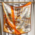 Luxury 100% Silk Square Scarf 90cm Orange Equestrian Library Print Elegant Women Shawl - Warm Orange Gilded RY-25