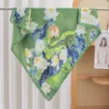 Green lotus print square scarf, lightweight silk satin material, fashion floral neckerchief. - Lotus on Green Ground RY-52