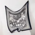 French vintage black and white printed scarf, elegant square shawl for women spring summer. - Ink Black Saddle Gallop RY-40
