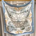 Luxury silk square scarf featuring elegant equestrian chain and floral pattern design. - Clear Blue and Milk White RY-27