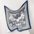 French vintage blue and white silk scarf shawl, elegant equestrian patterned design for women. - Navy Blue Saddle Gallop RY-39