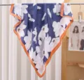 Blue white floral satin square scarf with orange contrast border for women fashion shawl - Magnolia on Blue RY-63