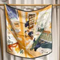 Luxury 100% silk square scarf featuring elegant narrative print, premium twill silk fashion shawl. - Vibrant Caramel RY-26