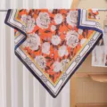 Orange Floral Silk Square Scarf Women Spring Summer Fashion Shawl 90cm Lightweight - Orange Background Peony RY-45