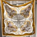 Luxury silk square scarf with elegant equestrian chain and floral tassel print. Versatile shawl. - Elegant Golden Brown RY-28